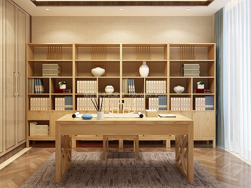 新中式禅意书房家具定制新中式实木书桌椅搭配新中式实木书桌椅（10）_儒匠家具